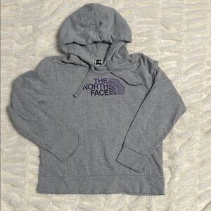 The North Face Gray Hoodie with Purple Logo